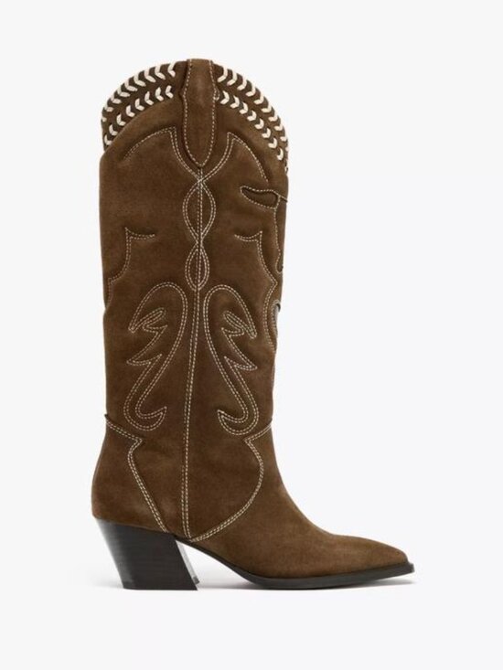Zara Shoes - ZARA Suede Embroidered Cowboy Boots | Heart Cutout | Whipstitch | Brown | NWT |